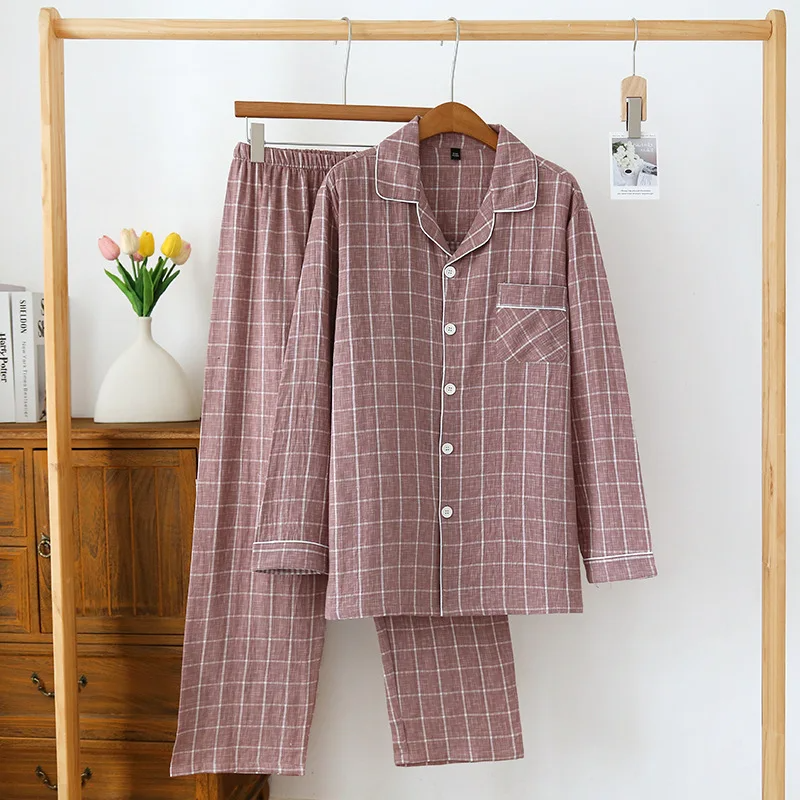 New Men's Spring/Summer Pajama Set 100% Cotton Plaid Long Sleeve Pants Two Piece Set Large Relaxed Home Furnishing