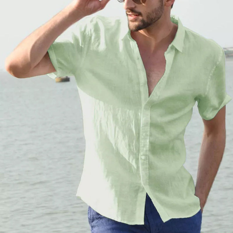 Men's short sleeve casual cardigan shirt solid color shirt