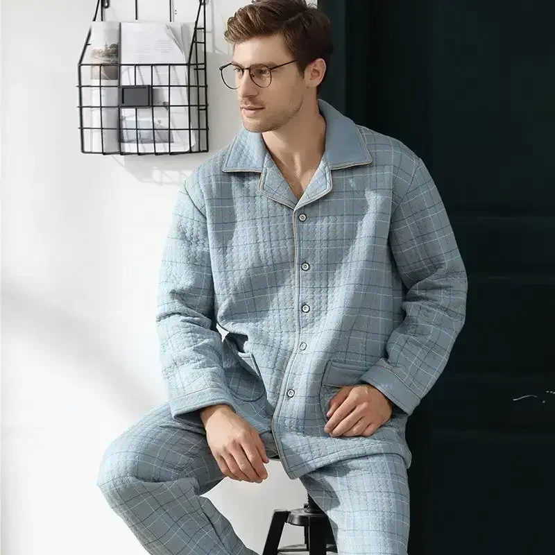 Fall & Winter Thicken Men's Pajama Sets Simple Warm Sleepwear Cotton Top Pant Leisure Outwear Soft Plus Size Loungewear