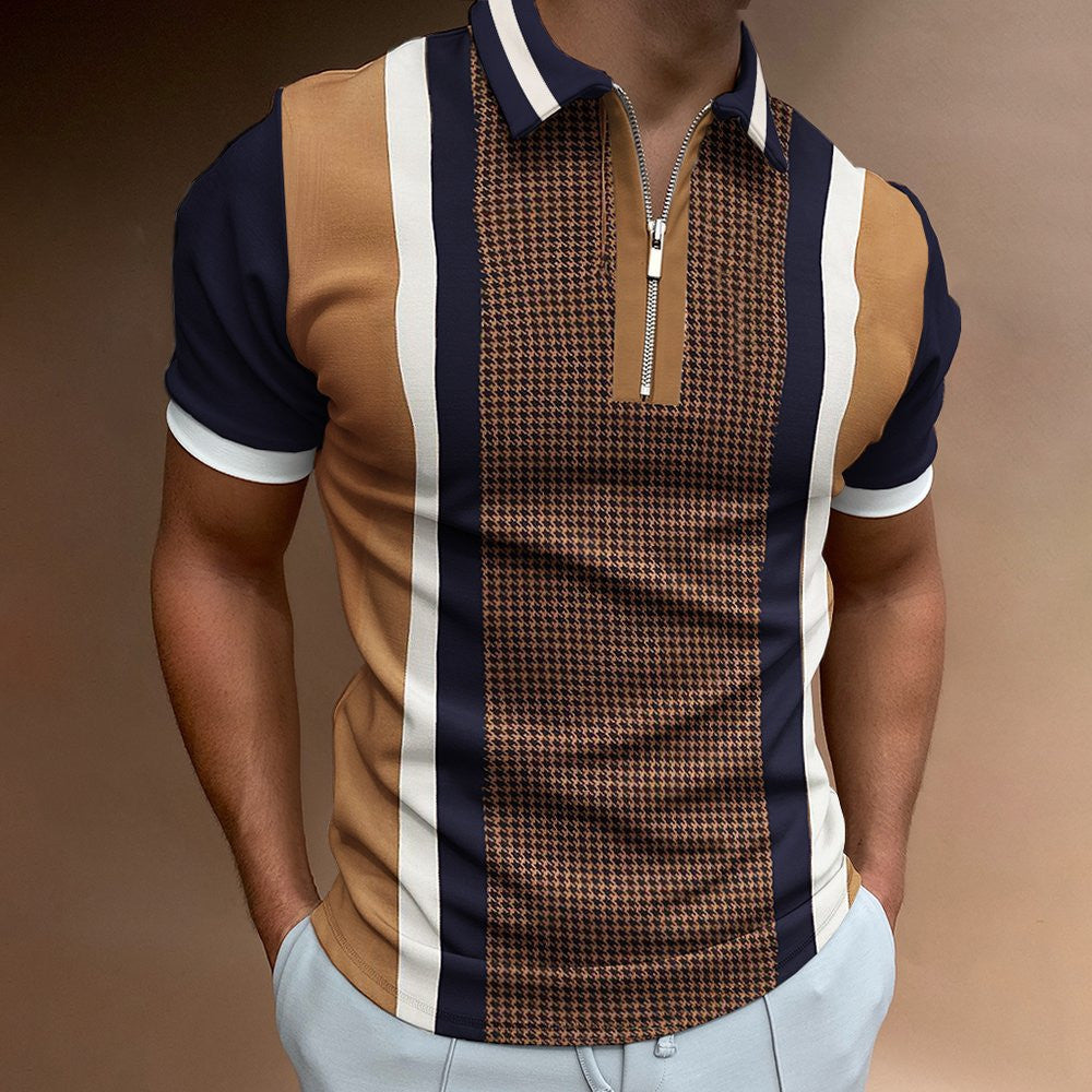 Gray Zipper Plaid Men's T-shirt Top