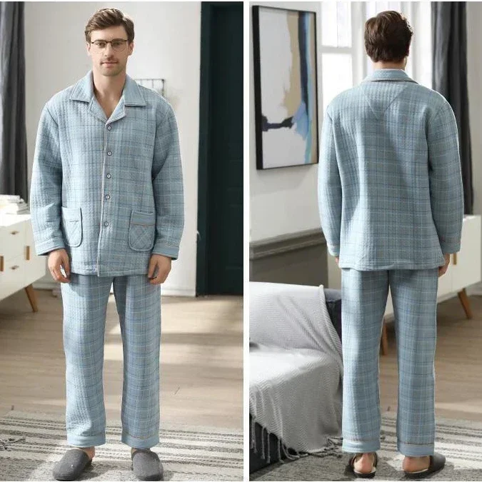 Fall & Winter Thicken Men's Pajama Sets Simple Warm Sleepwear Cotton Top Pant Leisure Outwear Soft Plus Size Loungewear