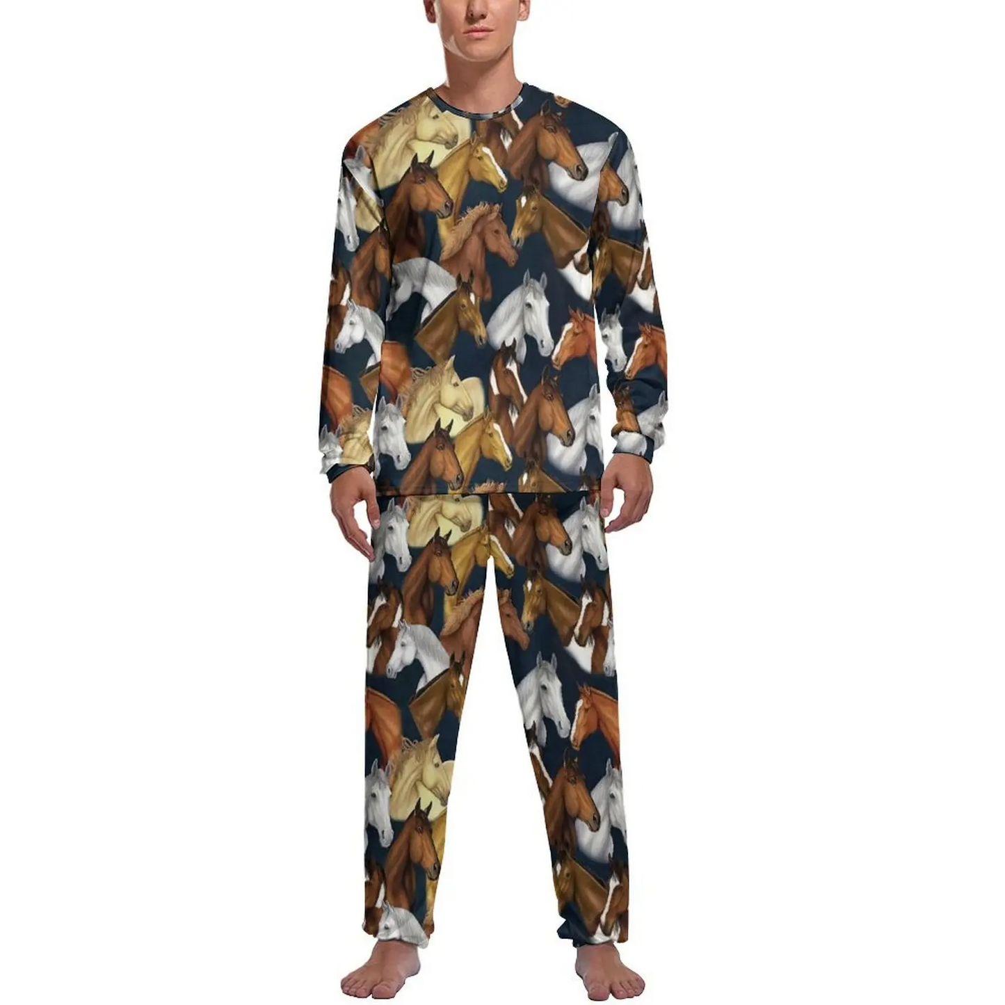 Colorful Running Horse Pajamas Long Sleeve Cute Animal Print 2 Piece Aesthetic Pajamas Set Autumn Male Graphic Cute Nightwear