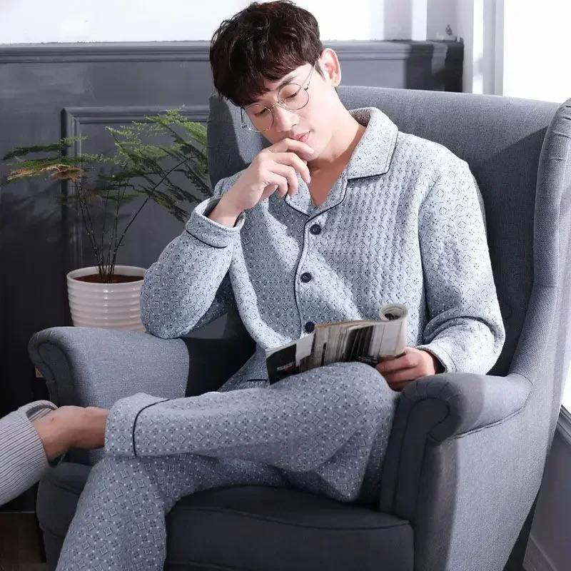 Fall & Winter Thicken Men's Pajama Sets Simple Warm Sleepwear Cotton Top Pant Leisure Outwear Soft Plus Size Loungewear