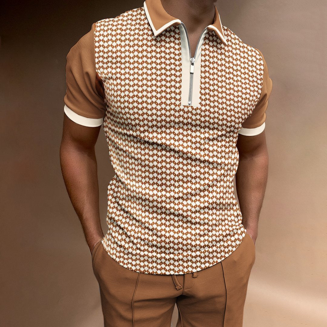 Gray Zipper Plaid Men's T-shirt Top