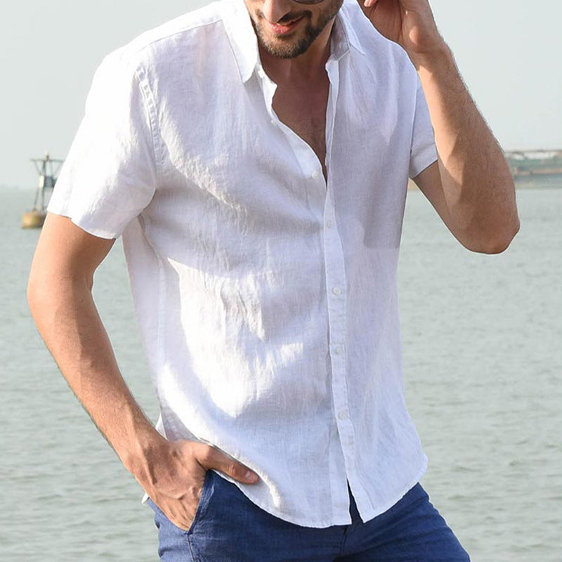 Men's short sleeve casual cardigan shirt solid color shirt