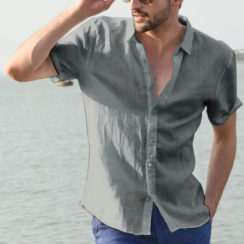 Men's short sleeve casual cardigan shirt solid color shirt