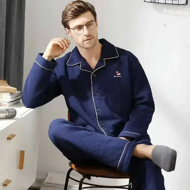 Fall & Winter Thicken Men's Pajama Sets Simple Warm Sleepwear Cotton Top Pant Leisure Outwear Soft Plus Size Loungewear