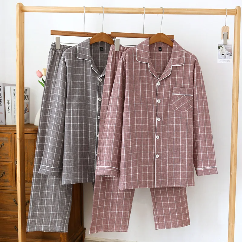 New Men's Spring/Summer Pajama Set 100% Cotton Plaid Long Sleeve Pants Two Piece Set Large Relaxed Home Furnishing