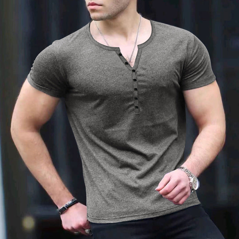 Solid color button men's short sleeve T-shirt