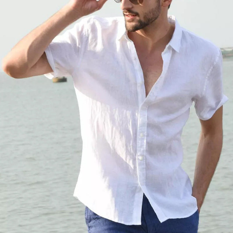 Men's short sleeve casual cardigan shirt solid color shirt