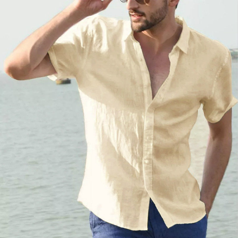 Men's short sleeve casual cardigan shirt solid color shirt