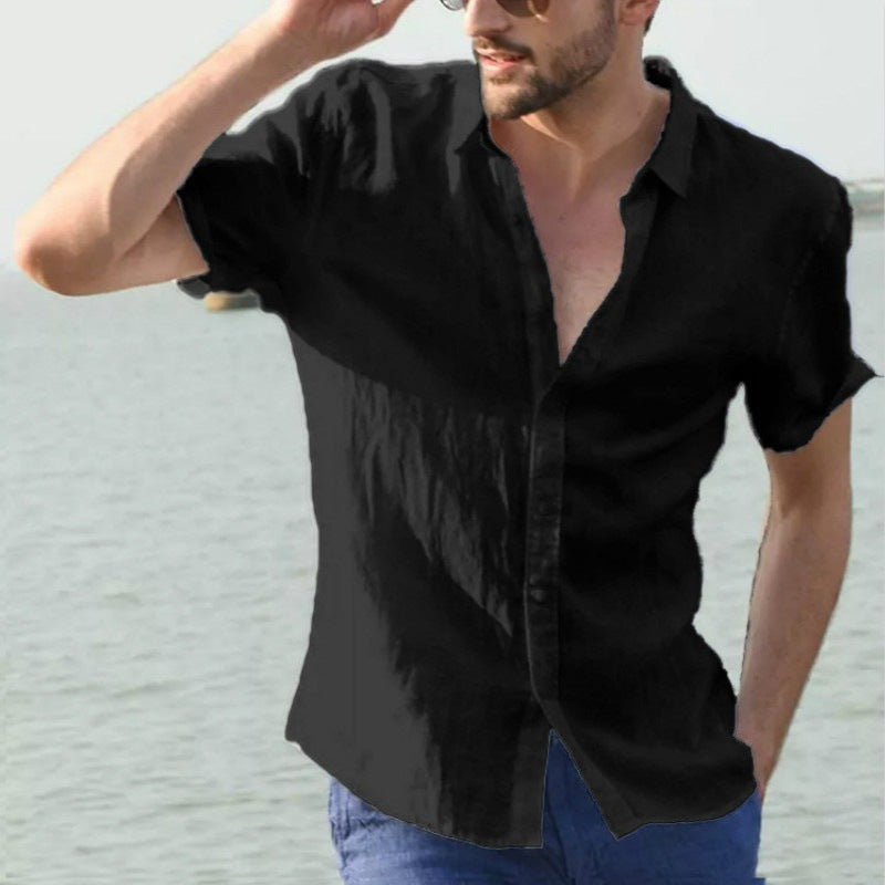 Men's short sleeve casual cardigan shirt solid color shirt