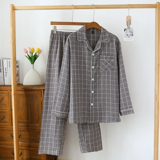 New Men's Spring/Summer Pajama Set 100% Cotton Plaid Long Sleeve Pants Two Piece Set Large Relaxed Home Furnishing