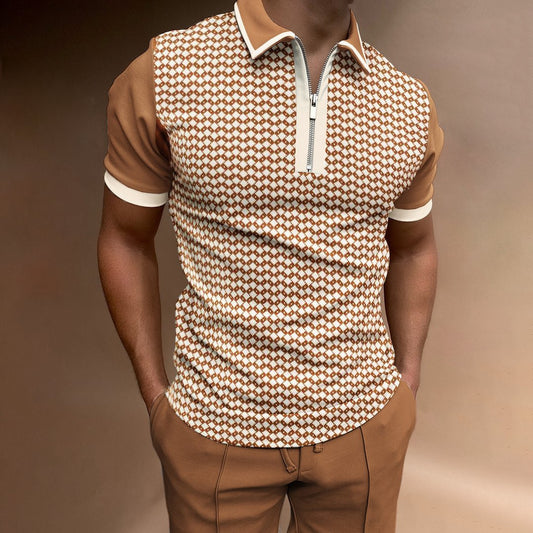 Gray Zipper Plaid Men's T-shirt Top