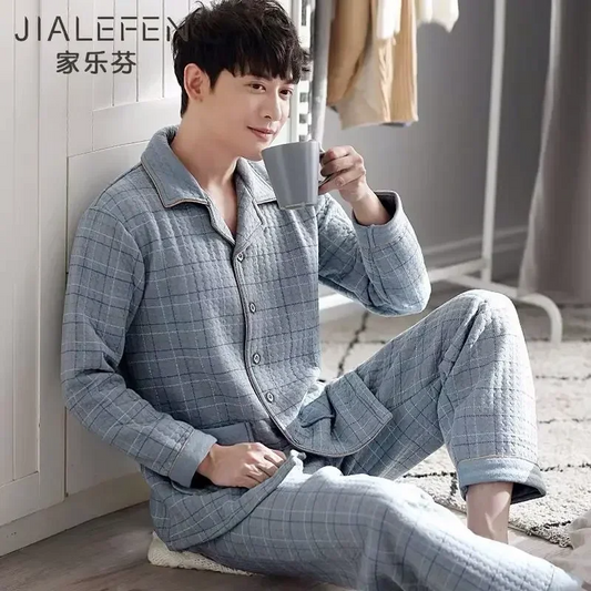 Fall & Winter Thicken Men's Pajama Sets Simple Warm Sleepwear Cotton Top Pant Leisure Outwear Soft Plus Size Loungewear