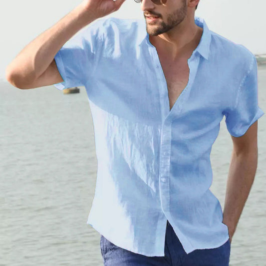 Men's short sleeve casual cardigan shirt solid color shirt